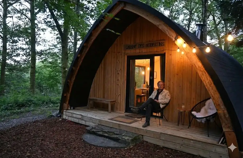 Joop bij huisje in de Ardennen