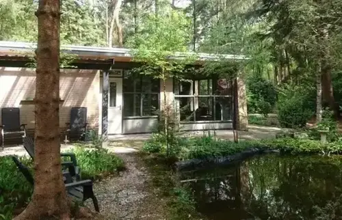 huisje in het bos met vijver