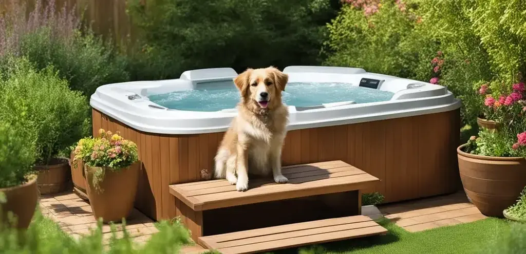 jacuzzi in de tuin met een hond ervoor