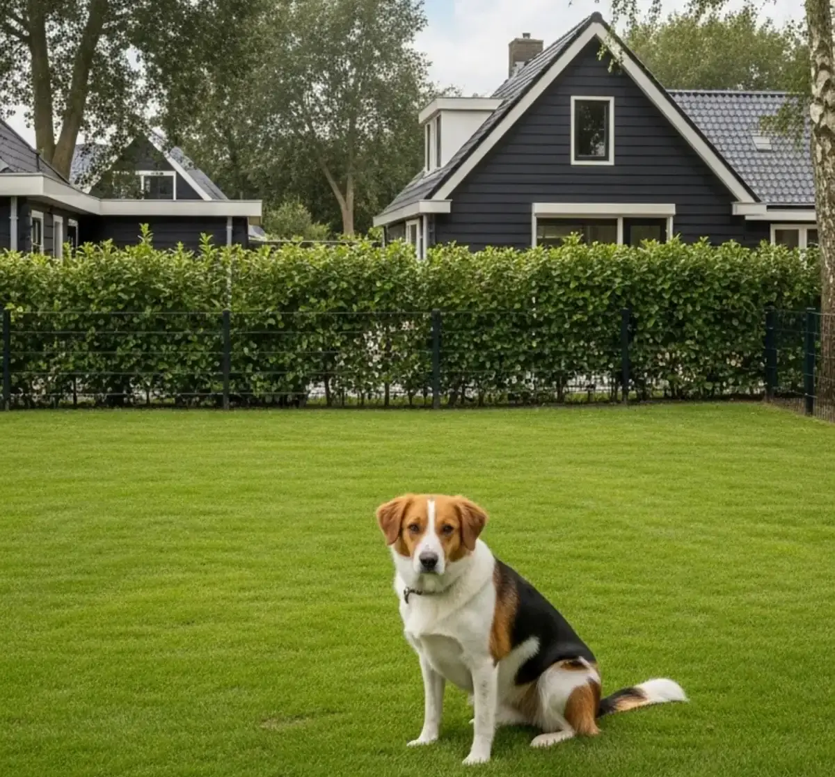 huisje met een hond in de omheinde tuin