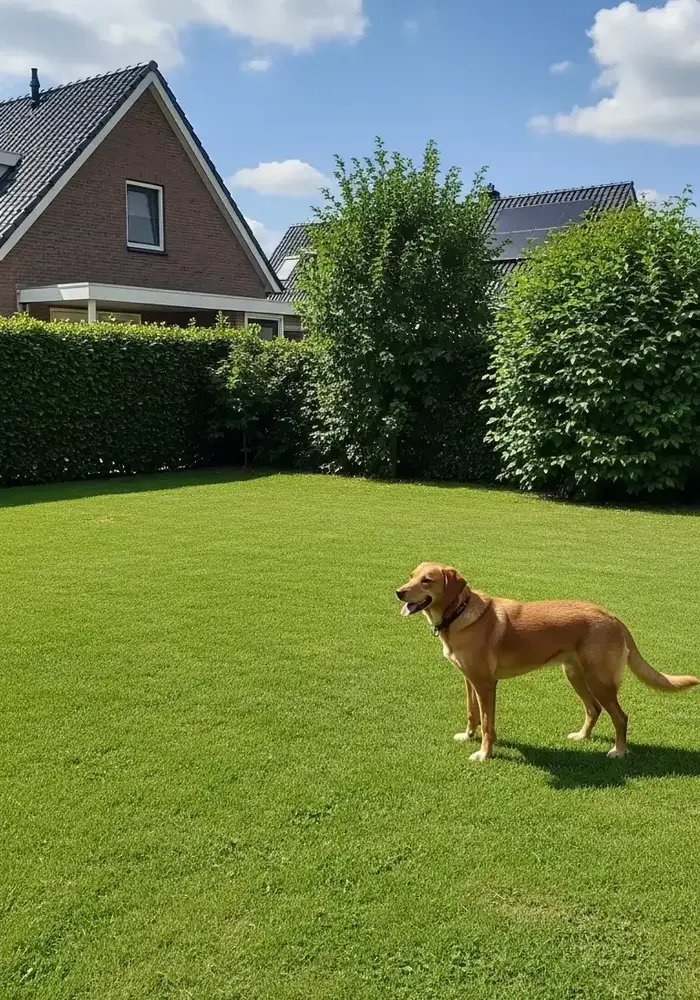 huisje met omheinde tuin met een hond erin
