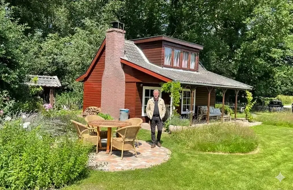 Joop bij huisje in Staverden