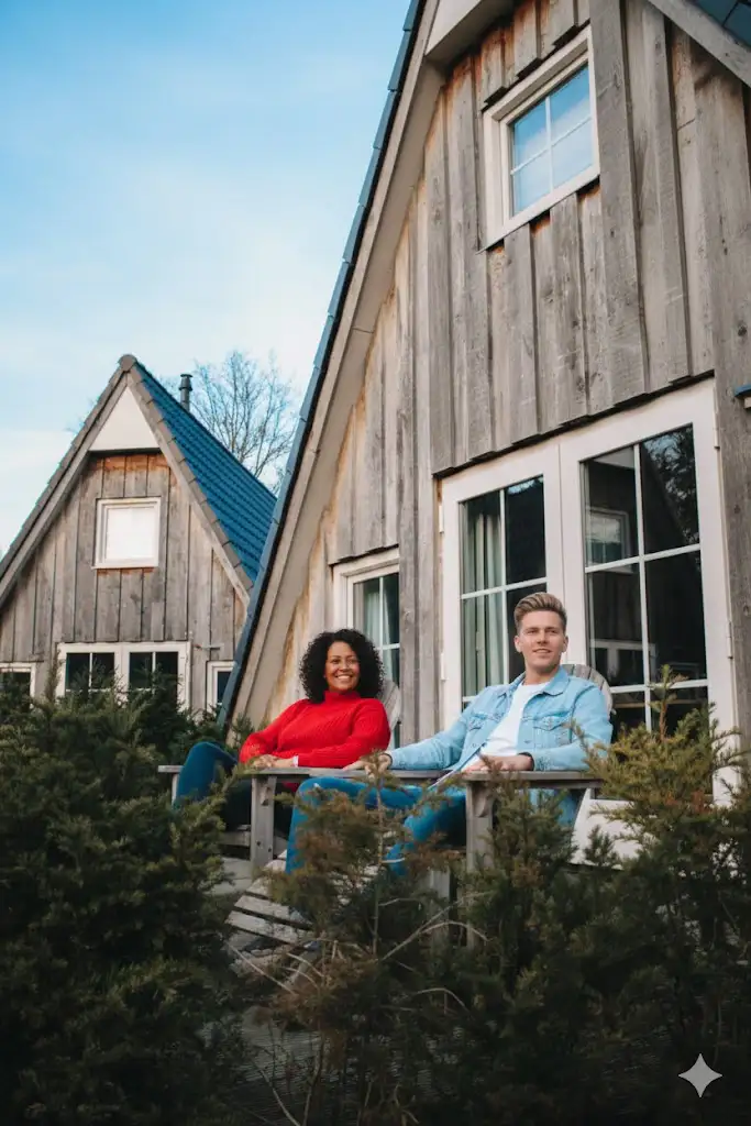 Stelletje op terras van wellness huisje - Particulier vakantiehuis aan het water in Overijssel, Hellendoorn