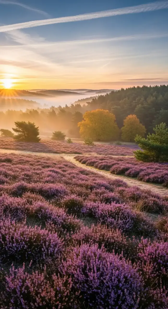 Uitgestrekt heideveld op de Veluwe bij zonsondergang