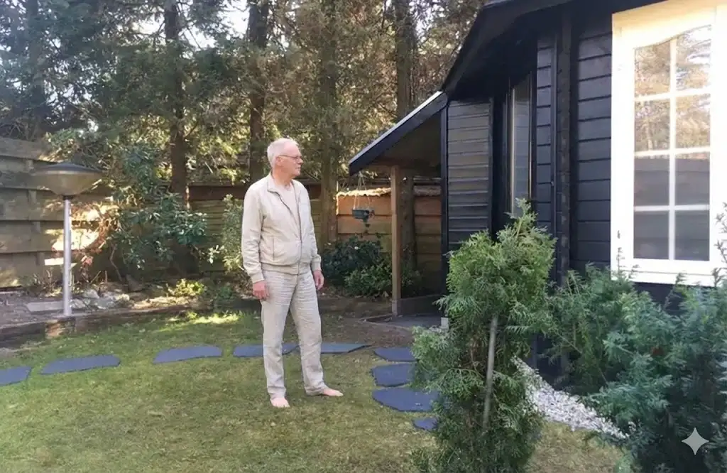 Joop voor het huisje in Vierhouten